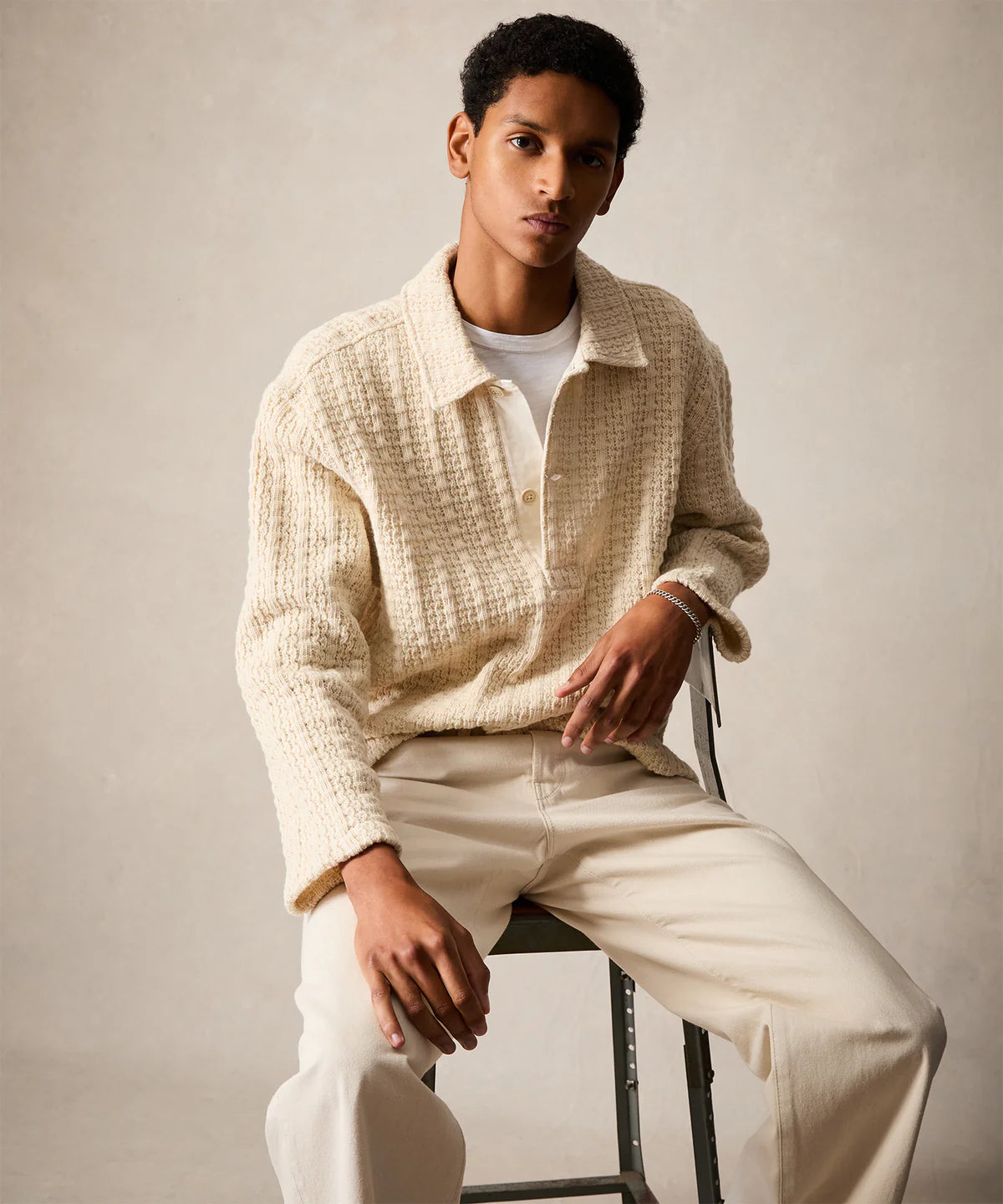 TODD SNYDER TEXTURED WOOL POLO IN NATURAL