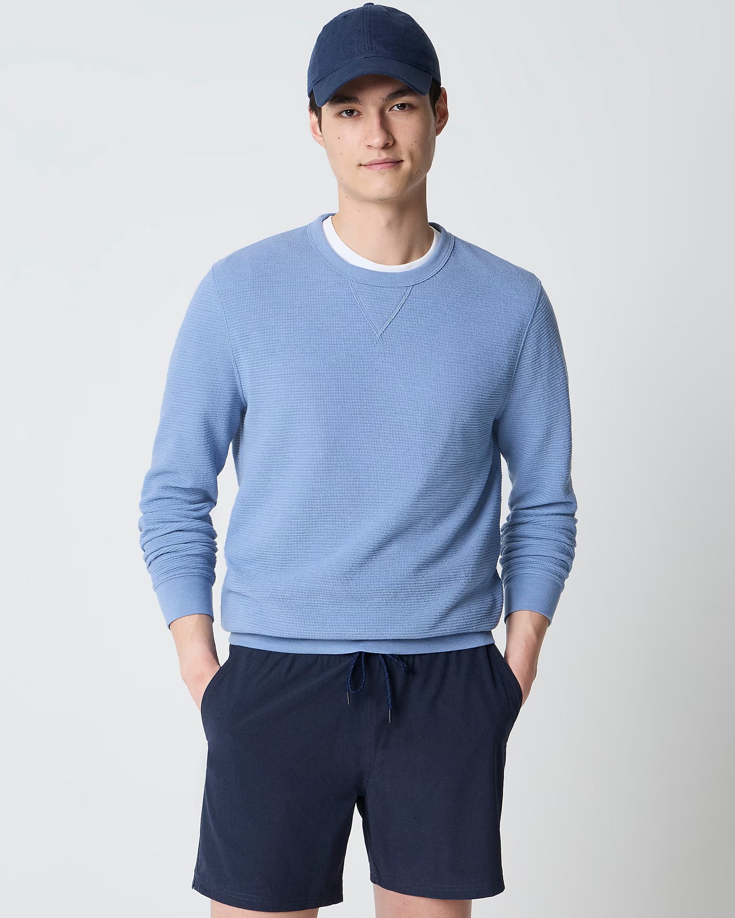 J CREW WAFFLE-KNIT CREWNECK SWEATSHIRT IN LAKE VIEW HEATHER