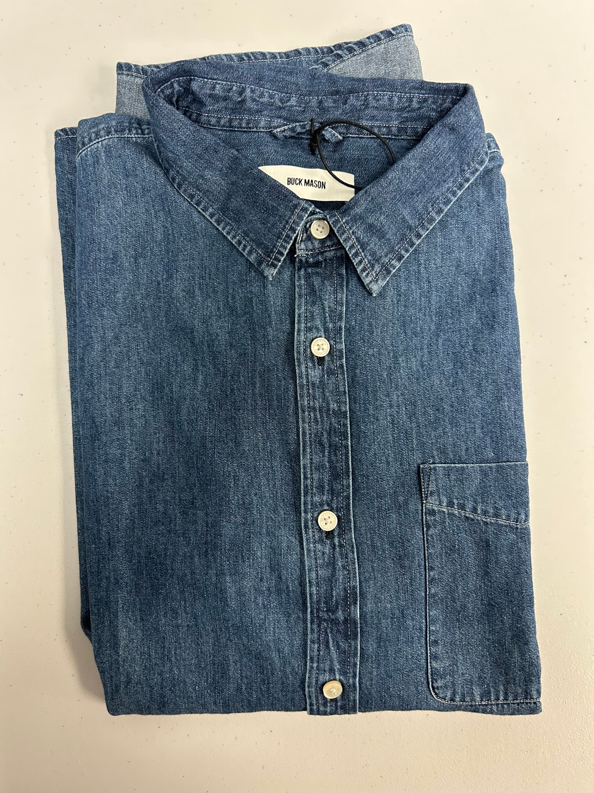 Buck Mason - BUCK MASON VINTAGE ONE POCKET DENIM SHIRT IN MEDIUM WASH - Rent With Thred