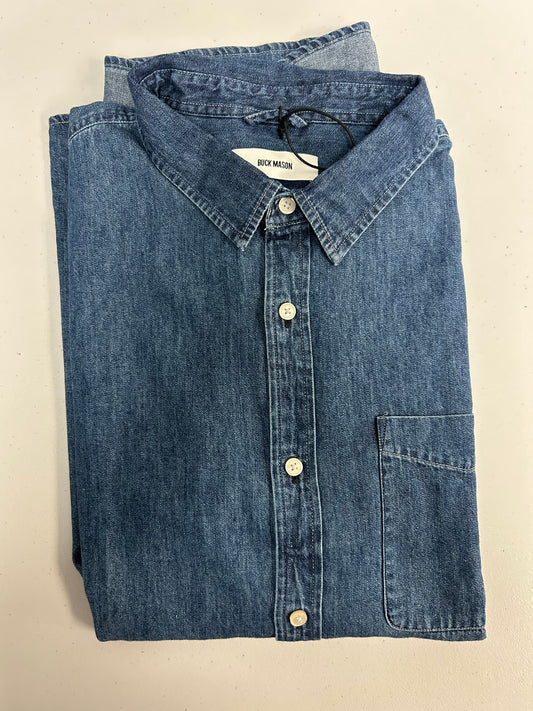 Buck Mason - BUCK MASON VINTAGE ONE POCKET DENIM SHIRT IN MEDIUM WASH - Rent With Thred