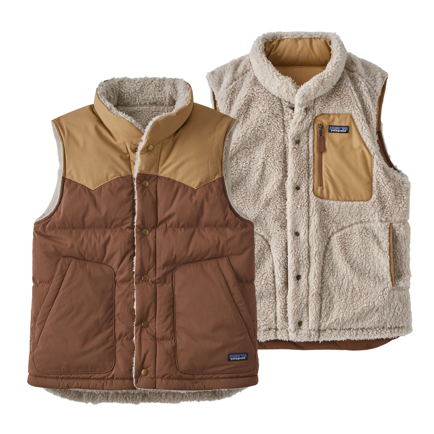 Patagonia - PATAGONIA REVERSIBLE BIVY DOWN VEST IN MOOSE BROWN - Rent With Thred