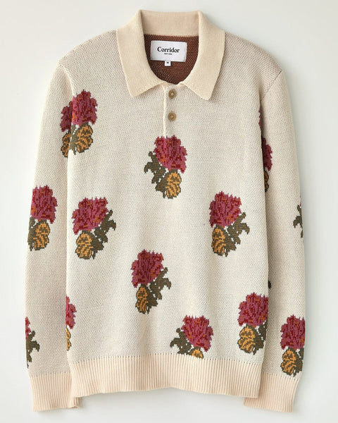 Corridor - CORRIDOR FLORAL JACQUARD POLO IN NATURAL - Rent With Thred