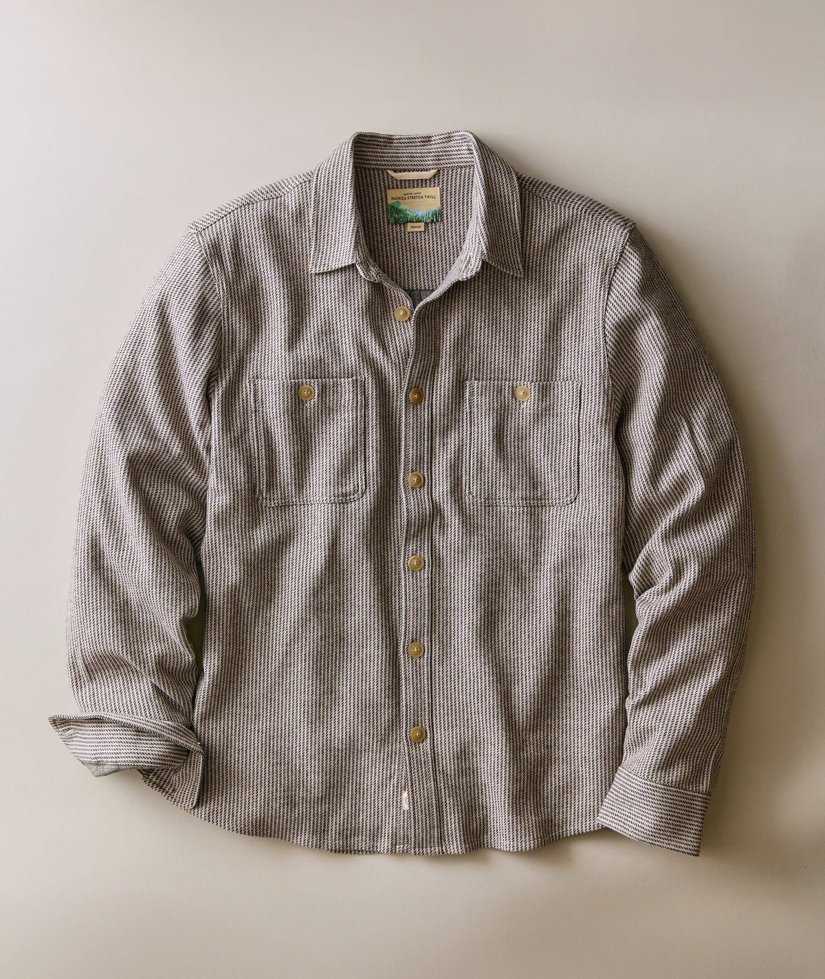 MARINE LAYER PACIFICA STRETCH TWILL OVERSHIRT IN GREY RAILROAD STRIPE