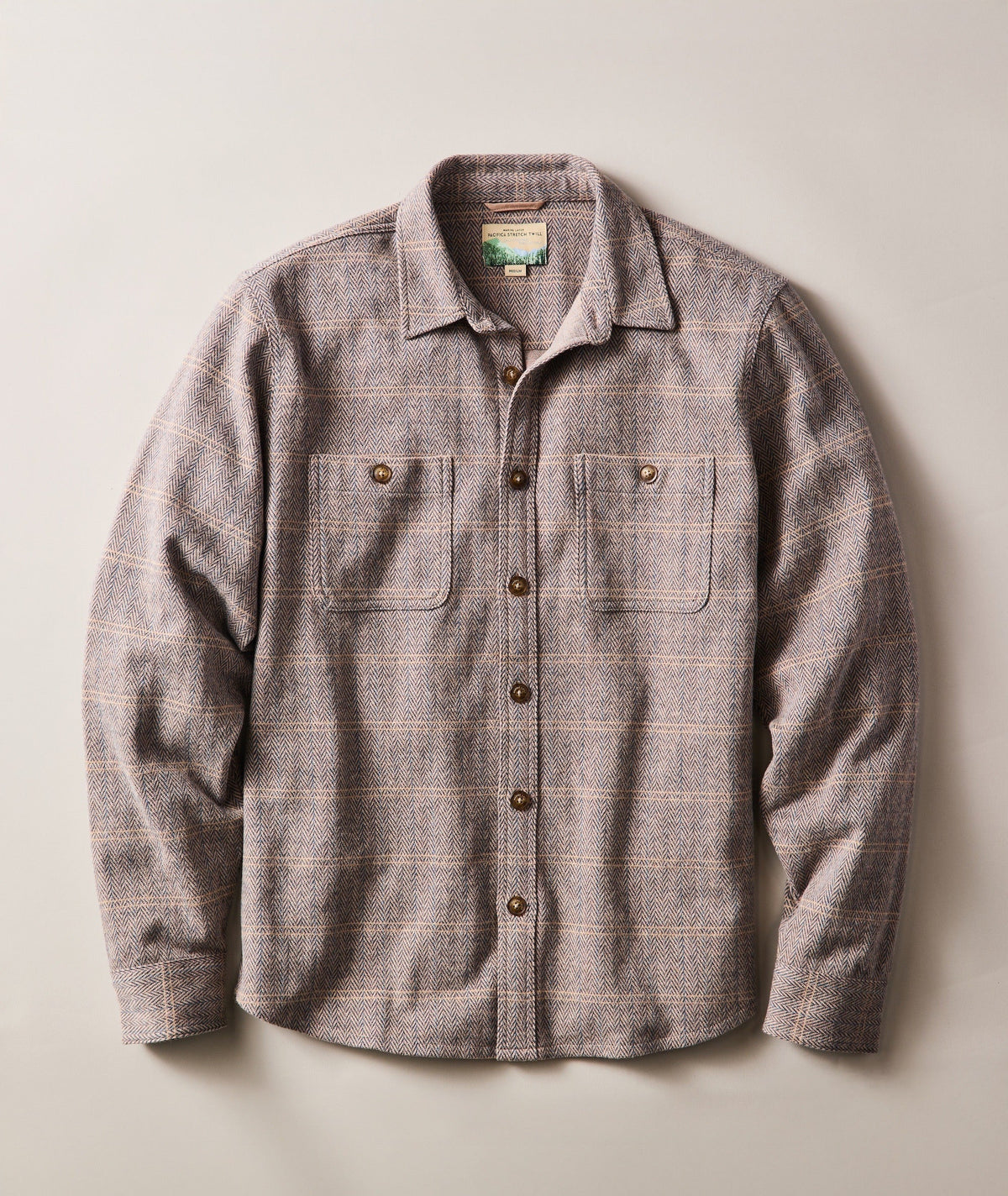 MARINE LAYER PACIFICA STRETCH TWILL OVERSHIRT IN BROWN PLAID HERRINGBONE