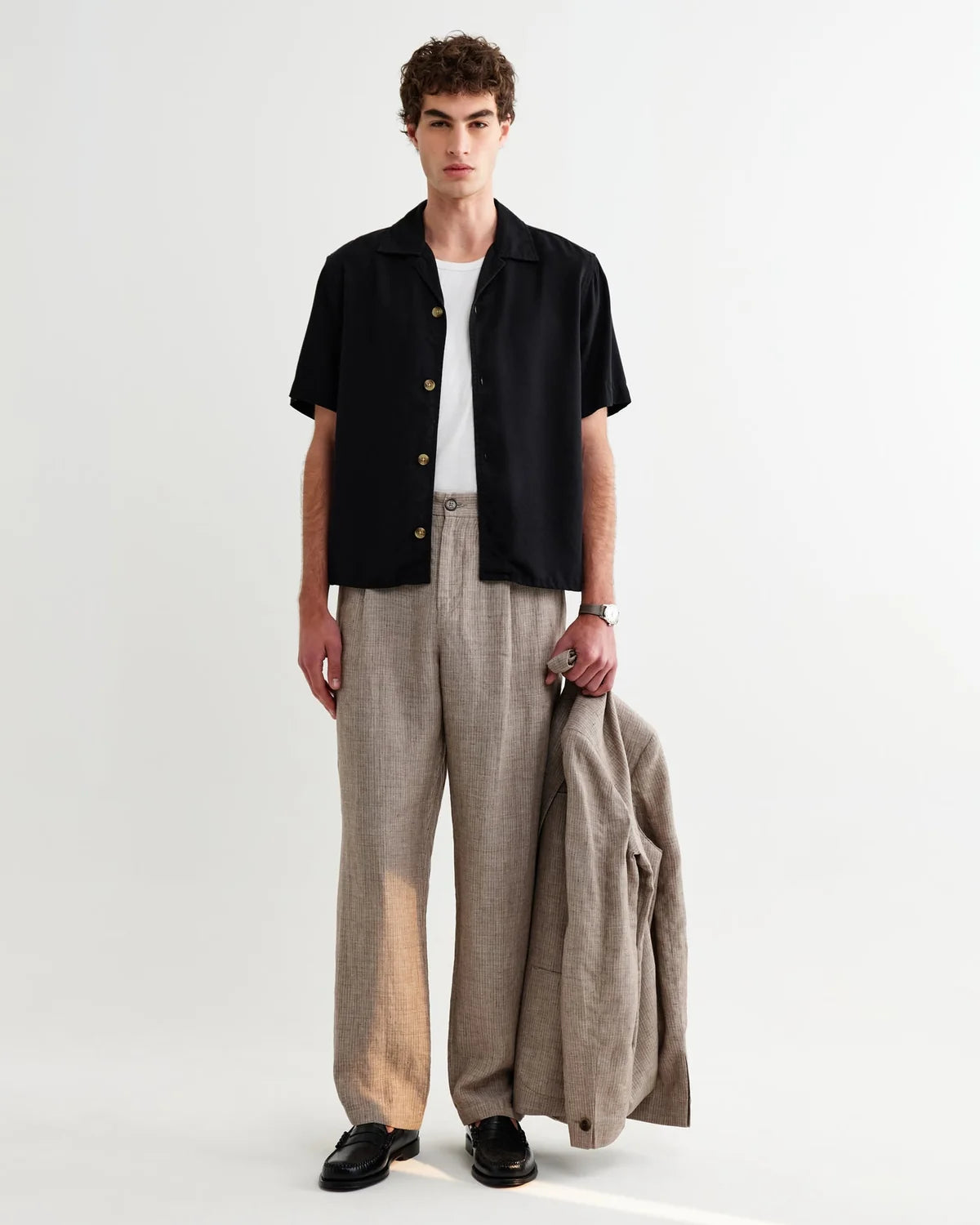 WAX LONDON MALHAM LINEN TROUSERS IN NATURAL AND BROWN STRIPE