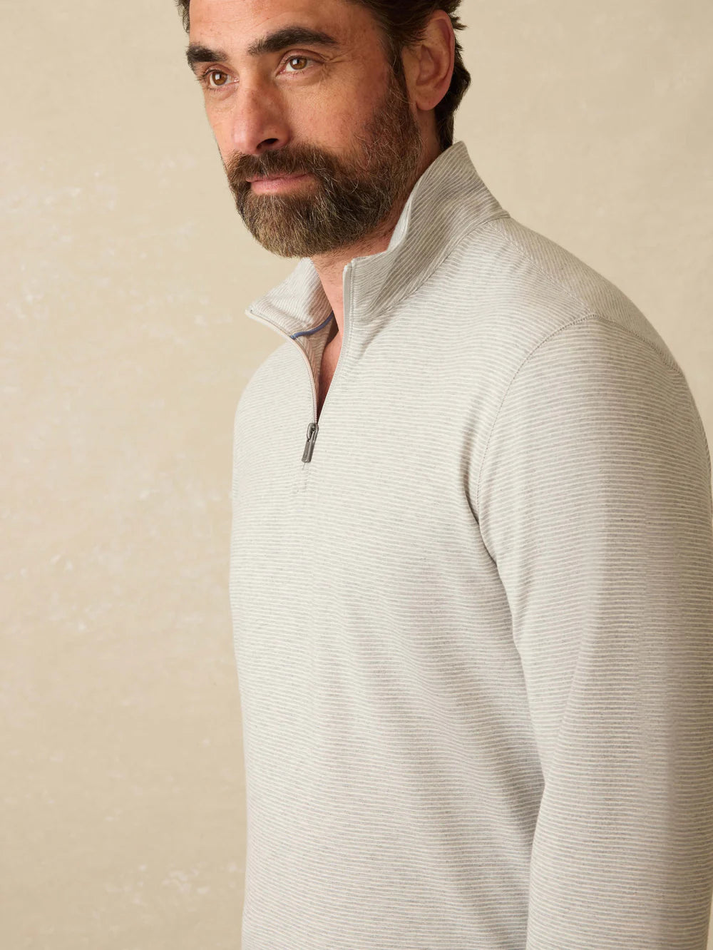 FAHERTY MOVEMENT QUARTER ZIP IN GREY COVE STRIPE