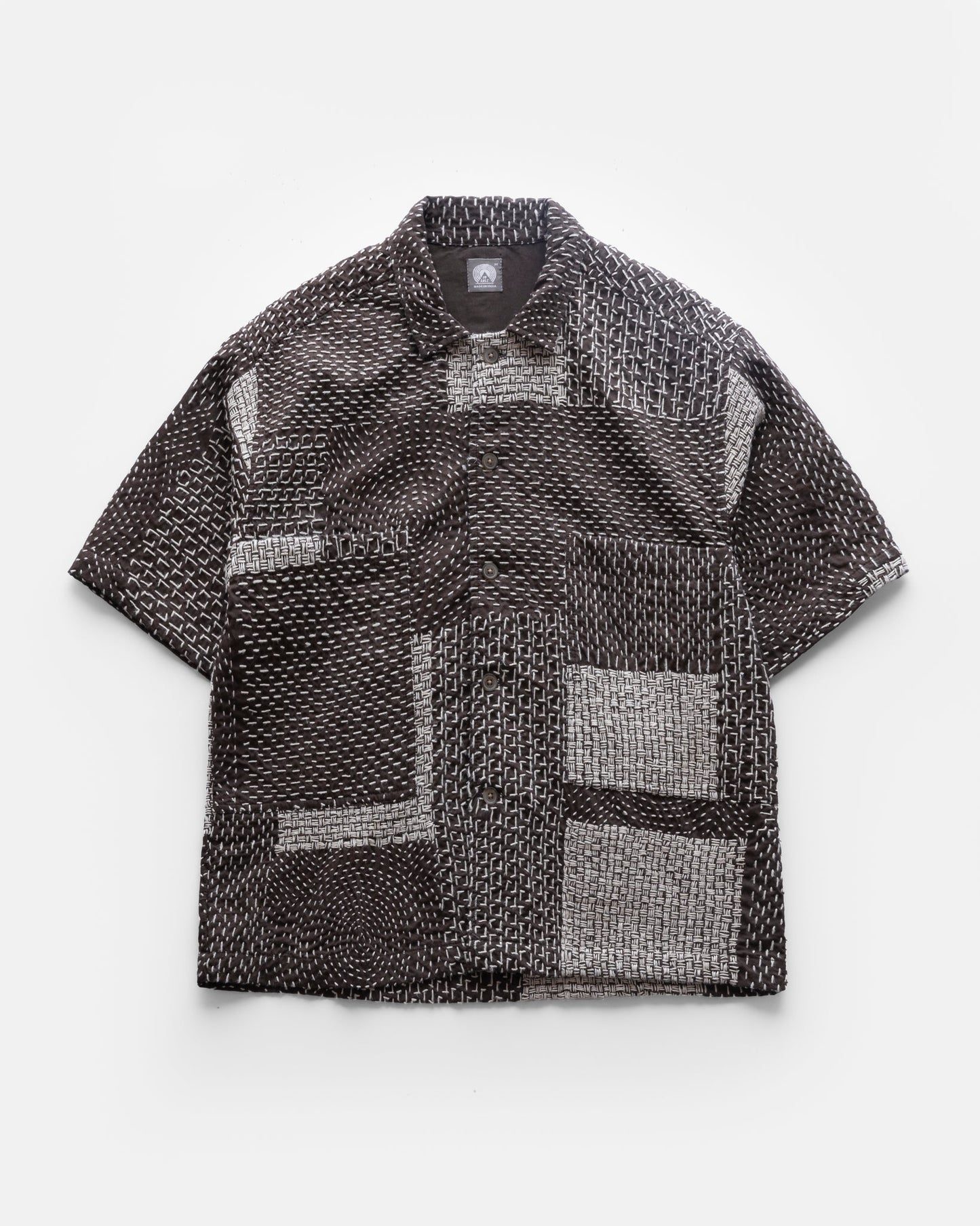 18 East - 18 EAST SS SAM SHIRT IN FONDENTE BROWN / ECRU PATCHWORK KANTHA STITCHED COTTON - Rent With Thred