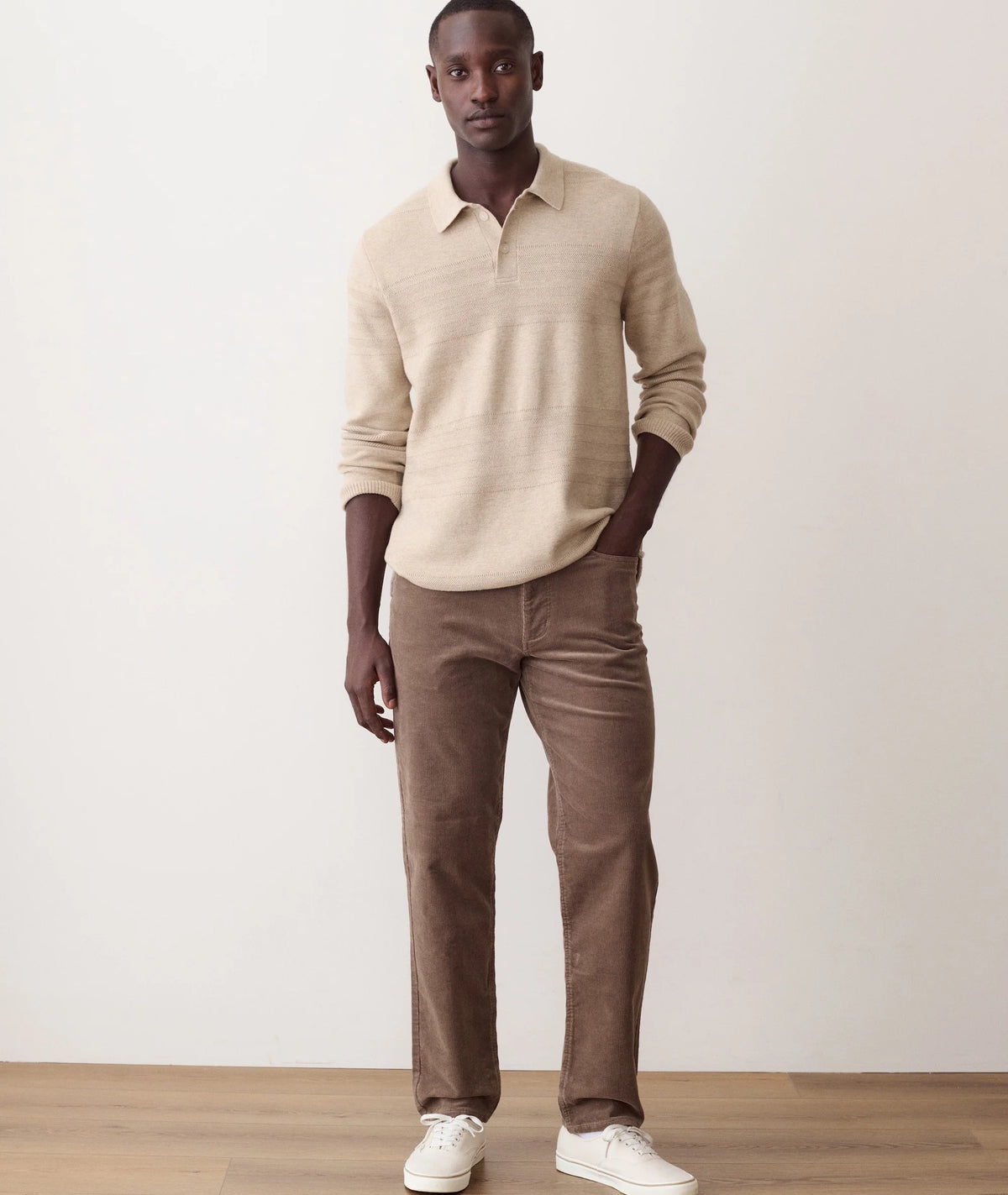 MARINE LAYER 5 POCKET FLEX TERRY CORDS - SLIM STRAIGHT IN TAUPE