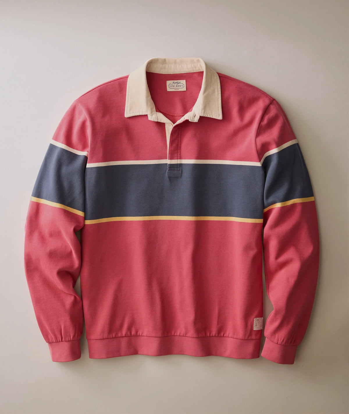 MARINE LAYER LUXE JERSEY RUGBY POLO IN GARNET ROSE
