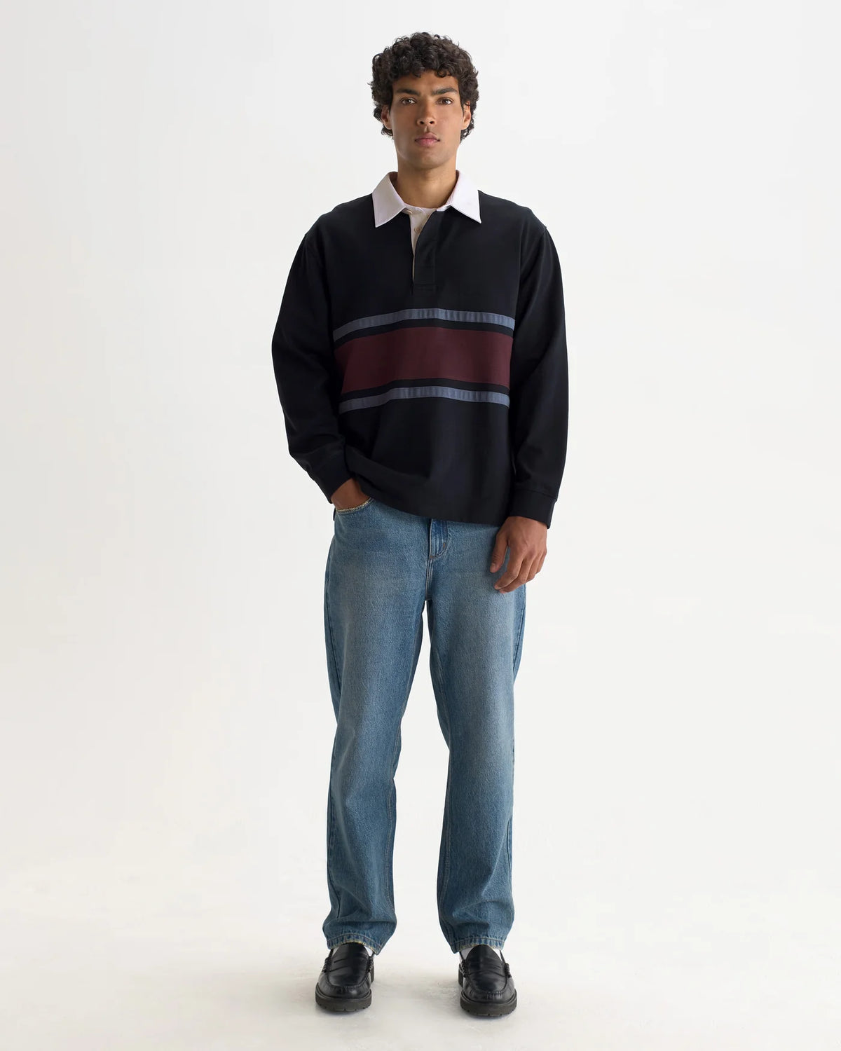 WAX LONDON ROWHILL RUGBY SHIRT IN NAVY AND PURPLE STRIPE