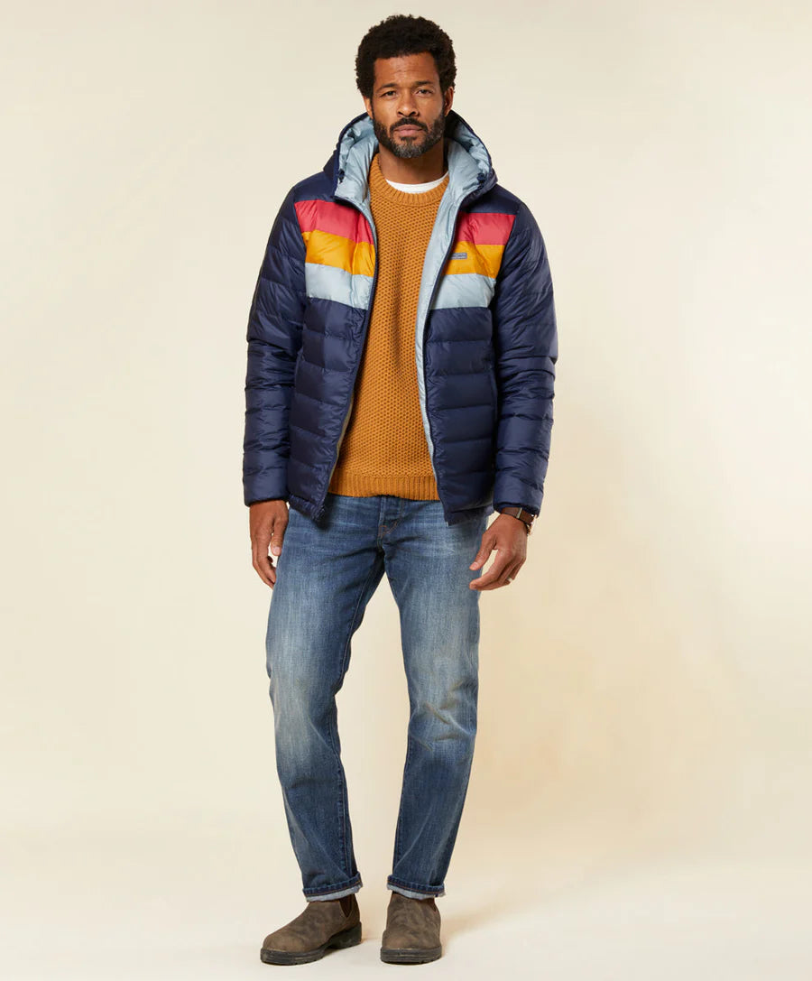 OUTERKNOWN CHROMATIC HOODED PUFFER IN MARINE RAINBOW