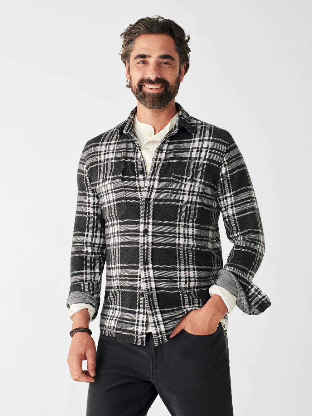 FAHERTY SWEATER SHIRT IN CHARCOAL BONE PLAID