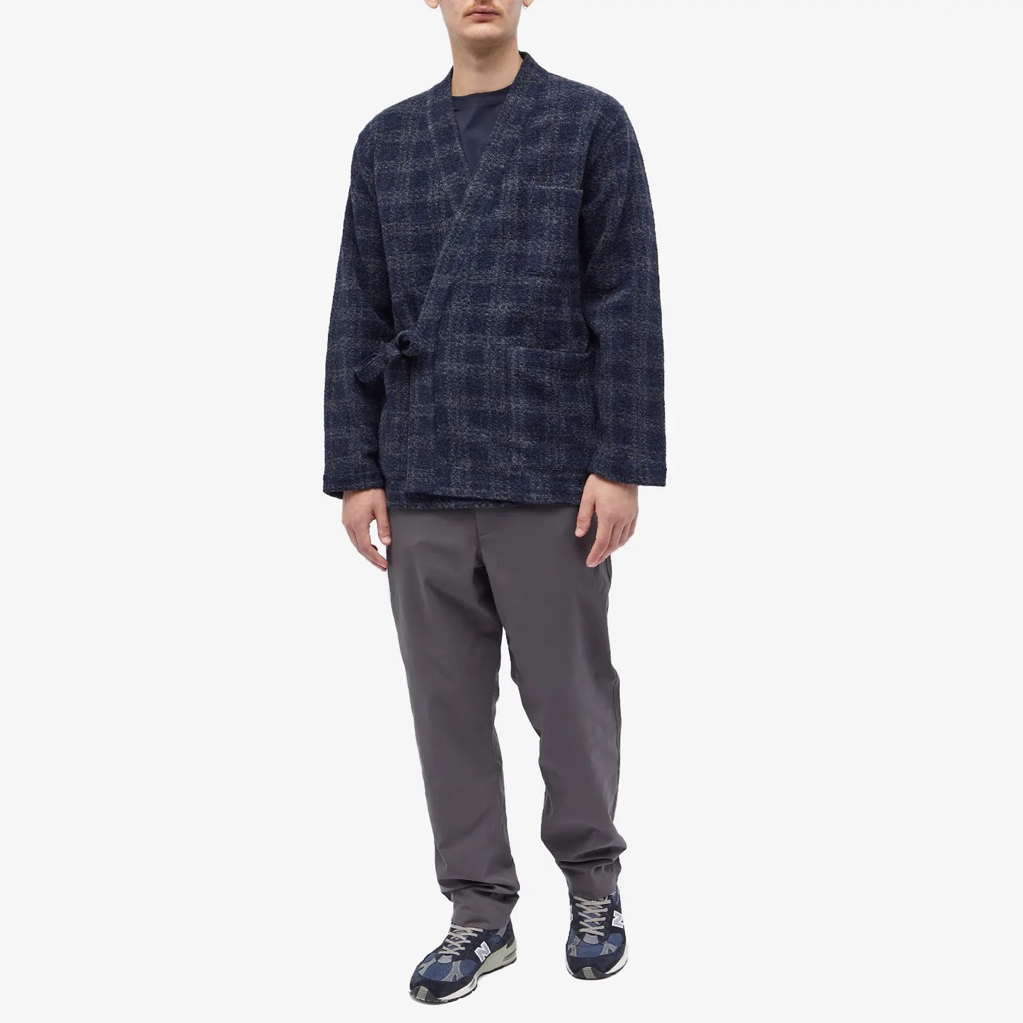 UNIVERSAL WORKS CHECK WOOL FLEECE KYOTO WORK JACKET IN NAVY