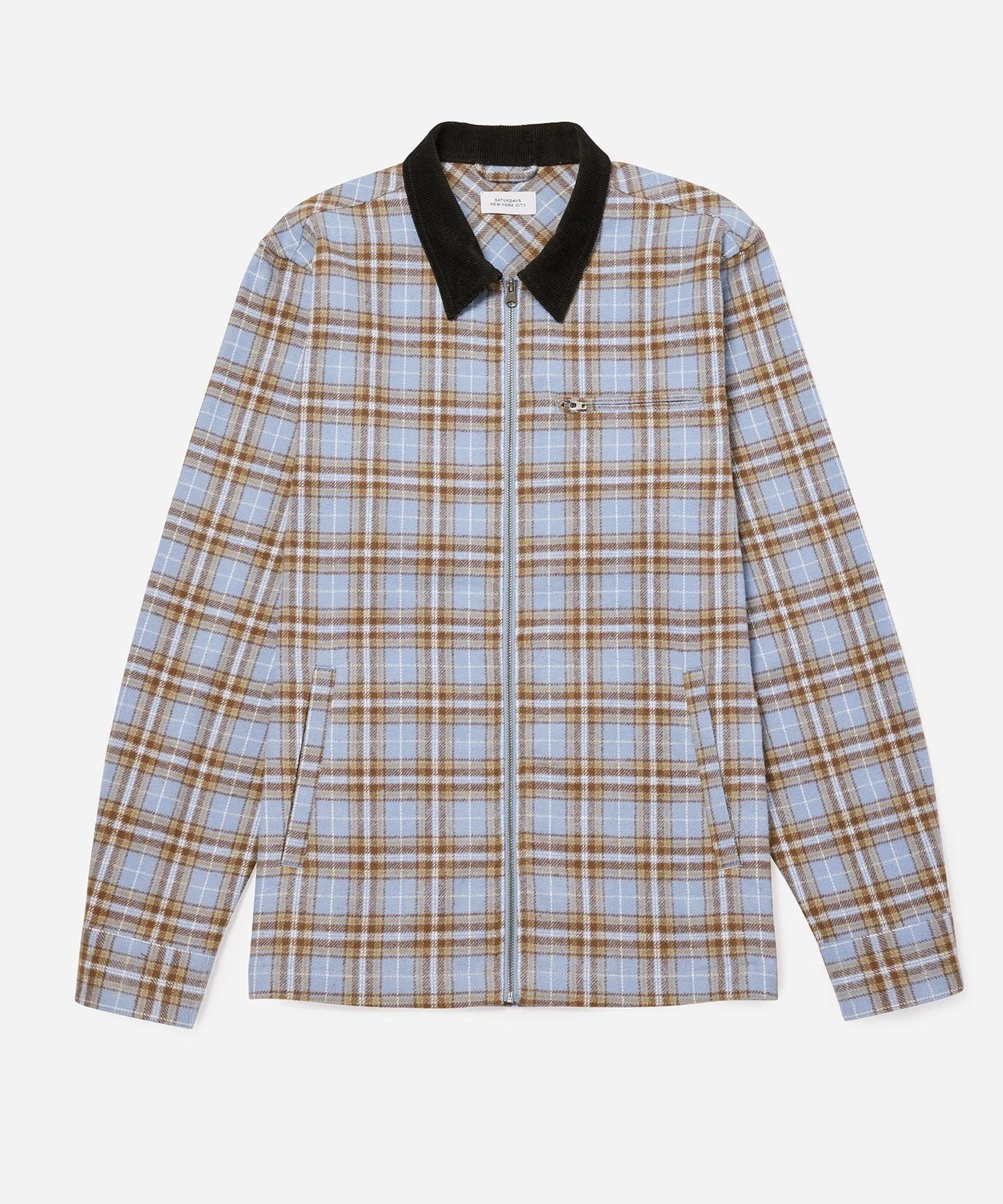 SATURDAYS NYC RYAN ZIP FRONT FLANNEL SHIRT IN FOREVER BLUE