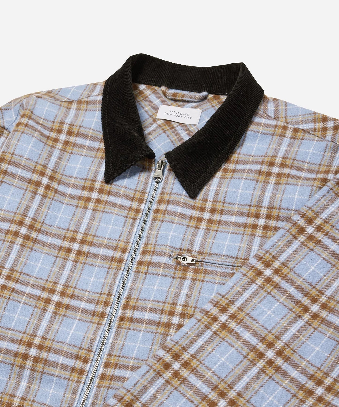 SATURDAYS NYC RYAN ZIP FRONT FLANNEL SHIRT IN FOREVER BLUE