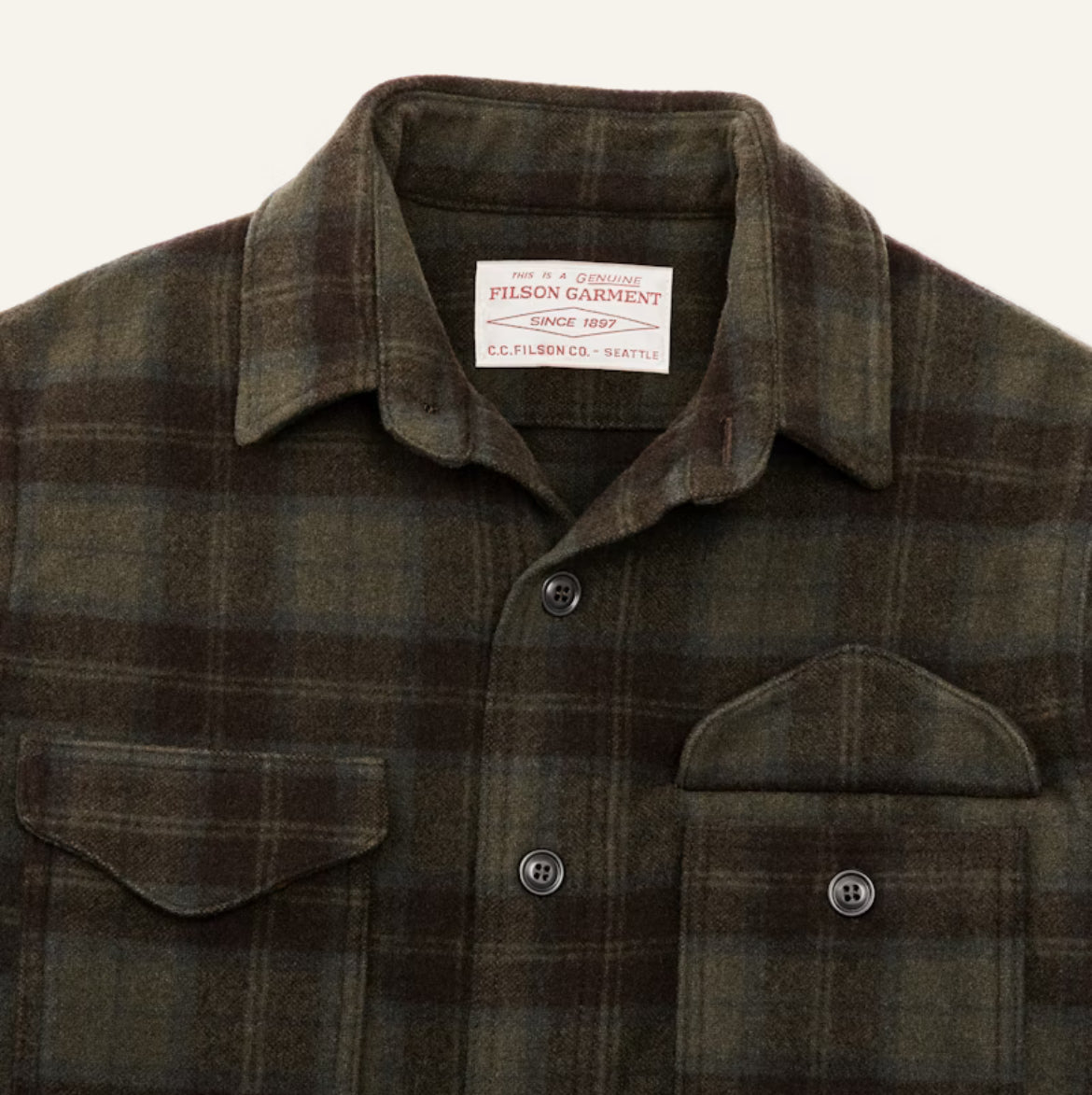FILSON WOOL JAC-SHIRT IN OLIVE AND BROWN PLAID in OLIVE AND BROWN PLAID — view 3