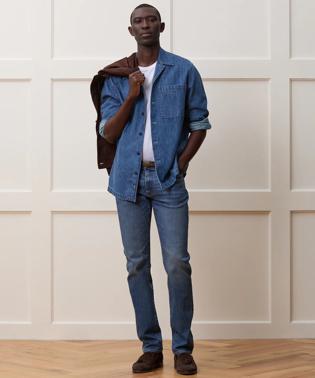 TODD SNYDER DENIM CAMP COLLAR OVERSHIRT WASHED INDIGO in See product description — view 3