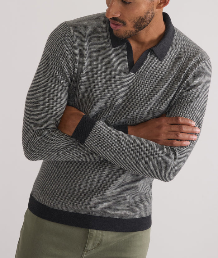 MARINE LAYER LIAM SWEATER POLO IN BLACK OYSTER/PEARL GREY in BLACK OYSTER/PEARL GREY — view 2