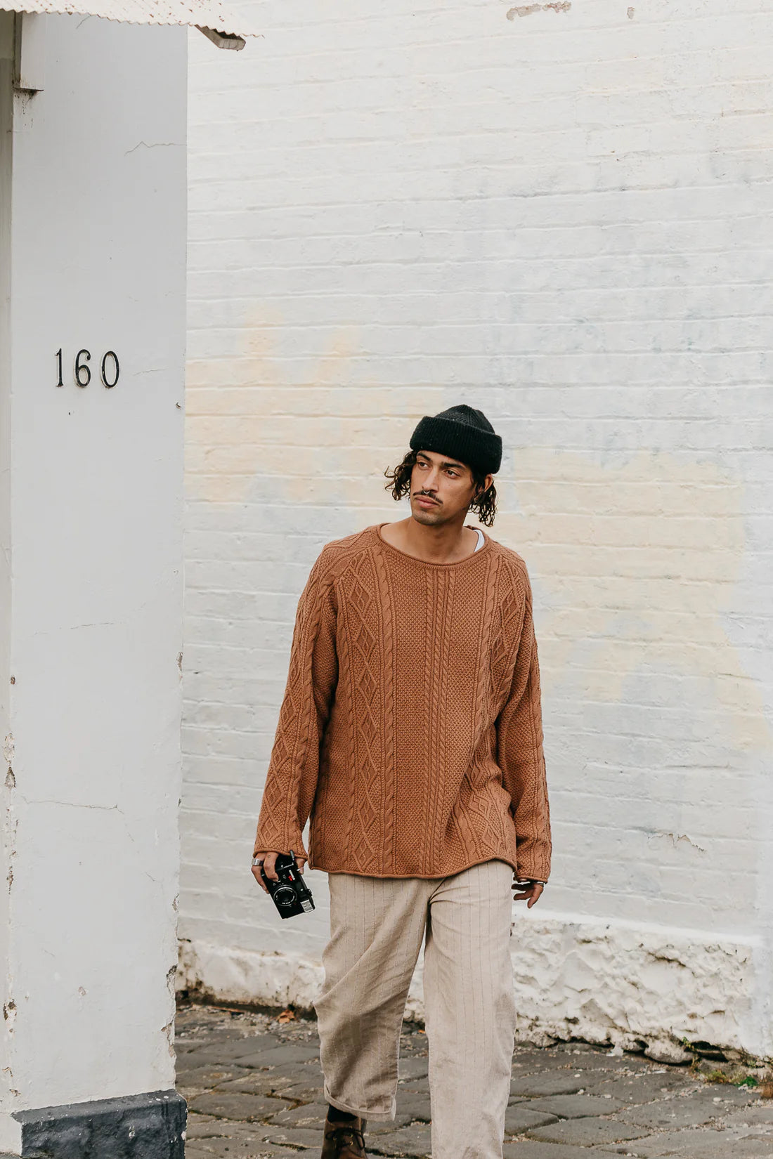 OTTWAY THE LABEL RORY CABLE KNIT SWEATER IN BROWN