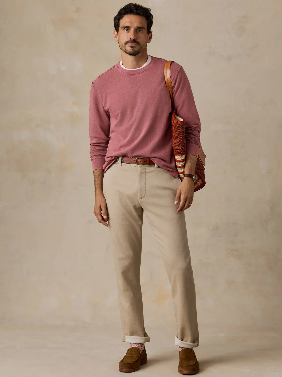 FAHERTY LONG-SLEEVE RECYCLED TERRY TEE IN SUNSET RED