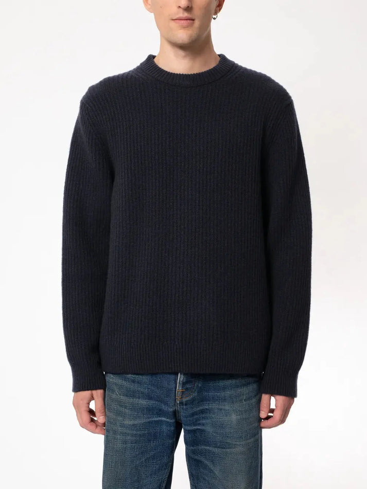 NUDIE JEANS AUGUST RIB WOOL SWEATER IN NAVY