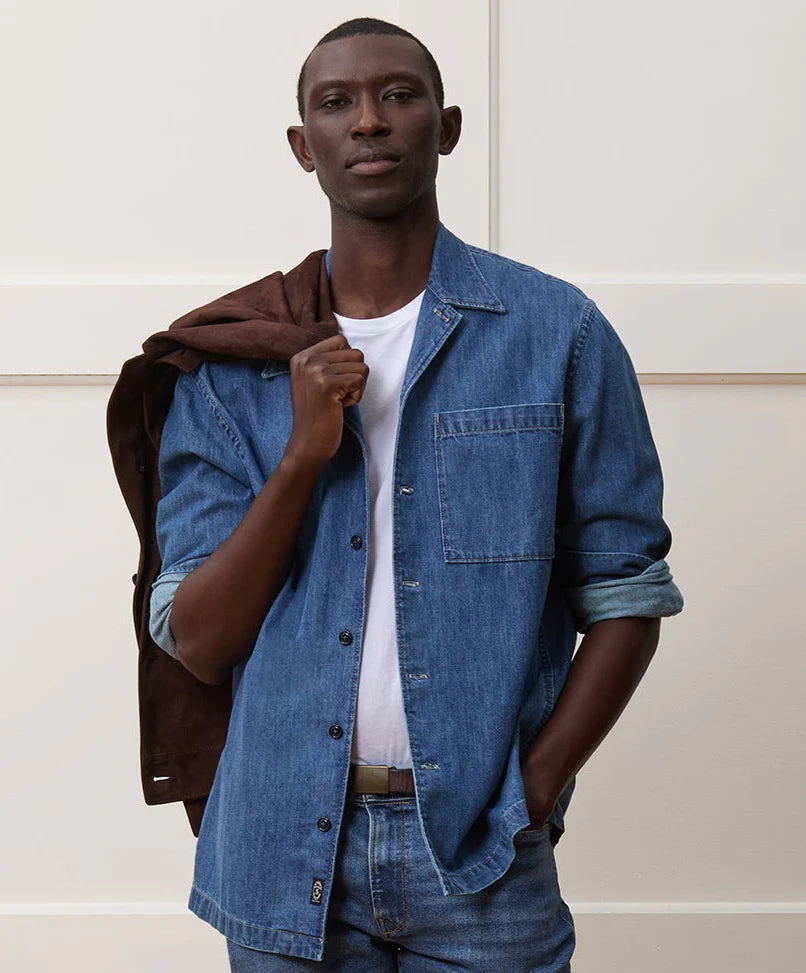 TODD SNYDER DENIM CAMP COLLAR OVERSHIRT WASHED INDIGO in See product description — view 2