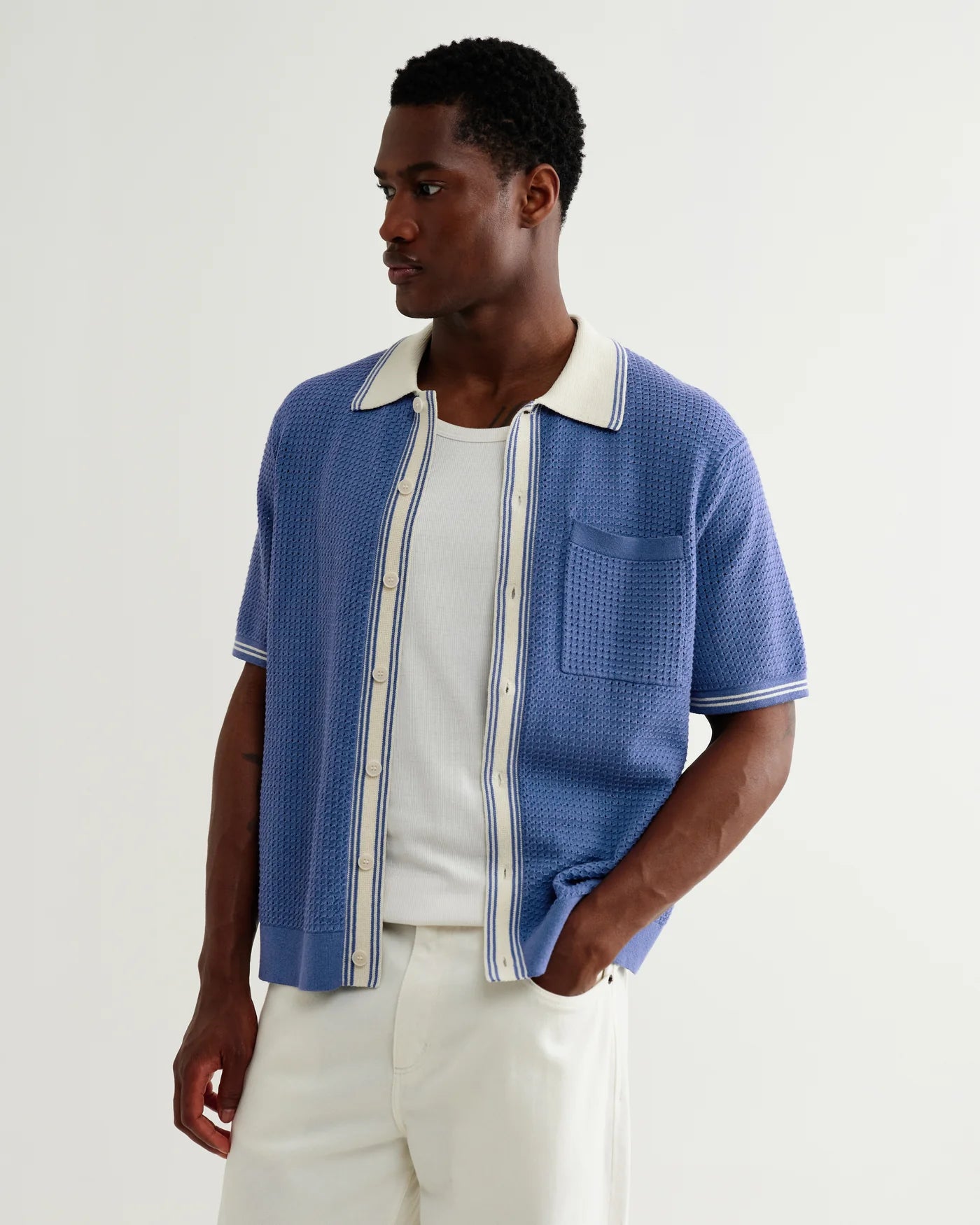 WAX LONDON BELLE SS IN TIPPED POINTELLE BLUE AND ECRU