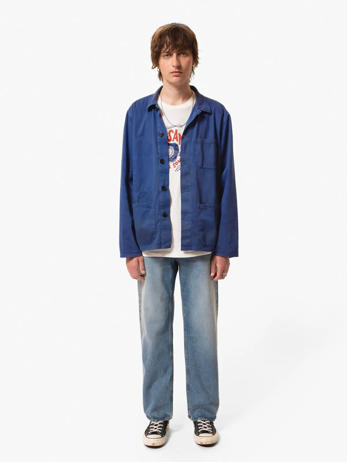 NUDIE JEANS BUDDY HERRINGBONE CHORE JACKET IN BLUE in BLUE — view 3