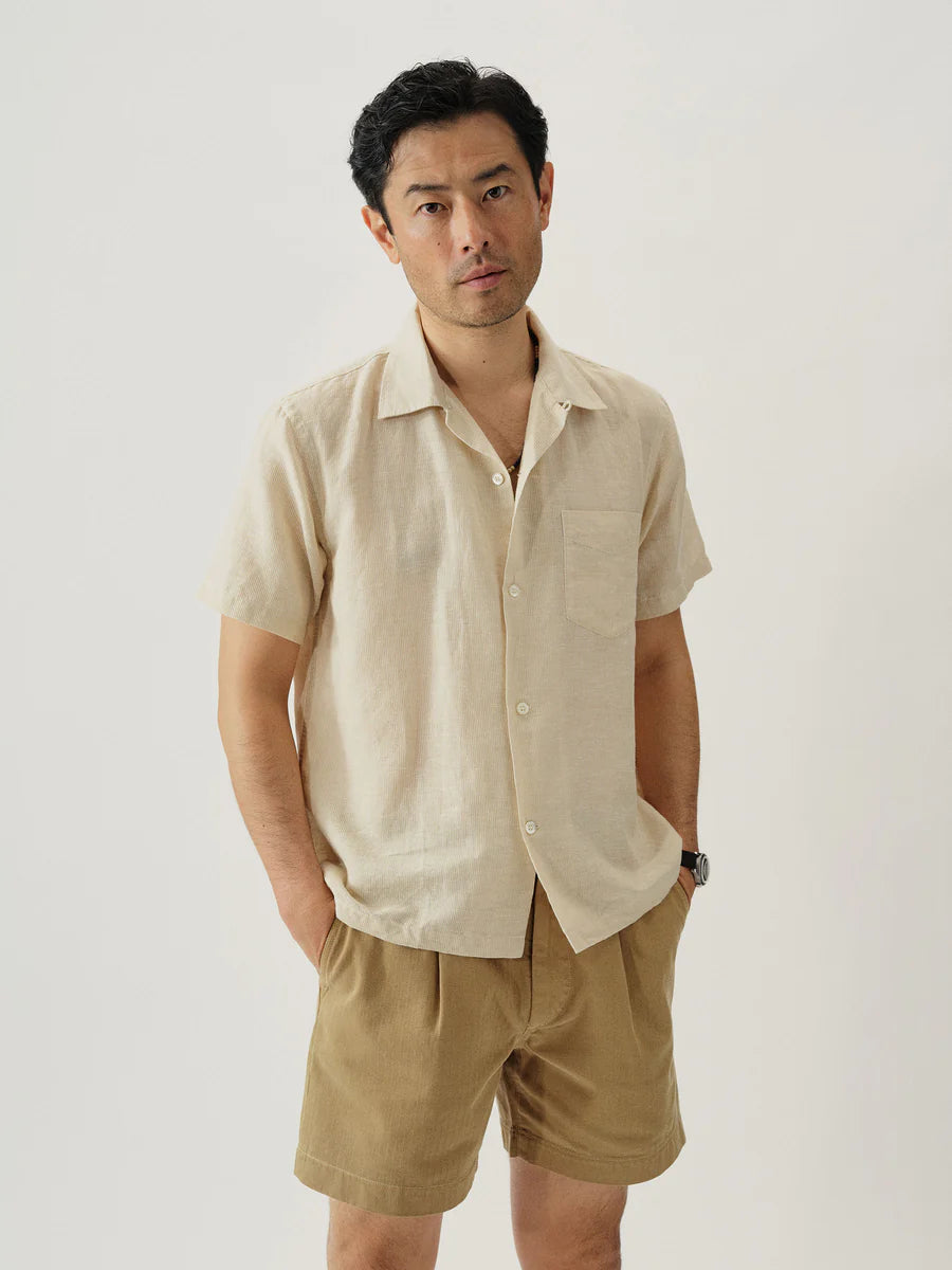 BUCK MASON BREEZE COTTON LINEN S/S CAMP SHIRT IN NATURAL/OCHRE CUT STRIPE in NATURAL/OCHRE CUT STRIPE — view 3