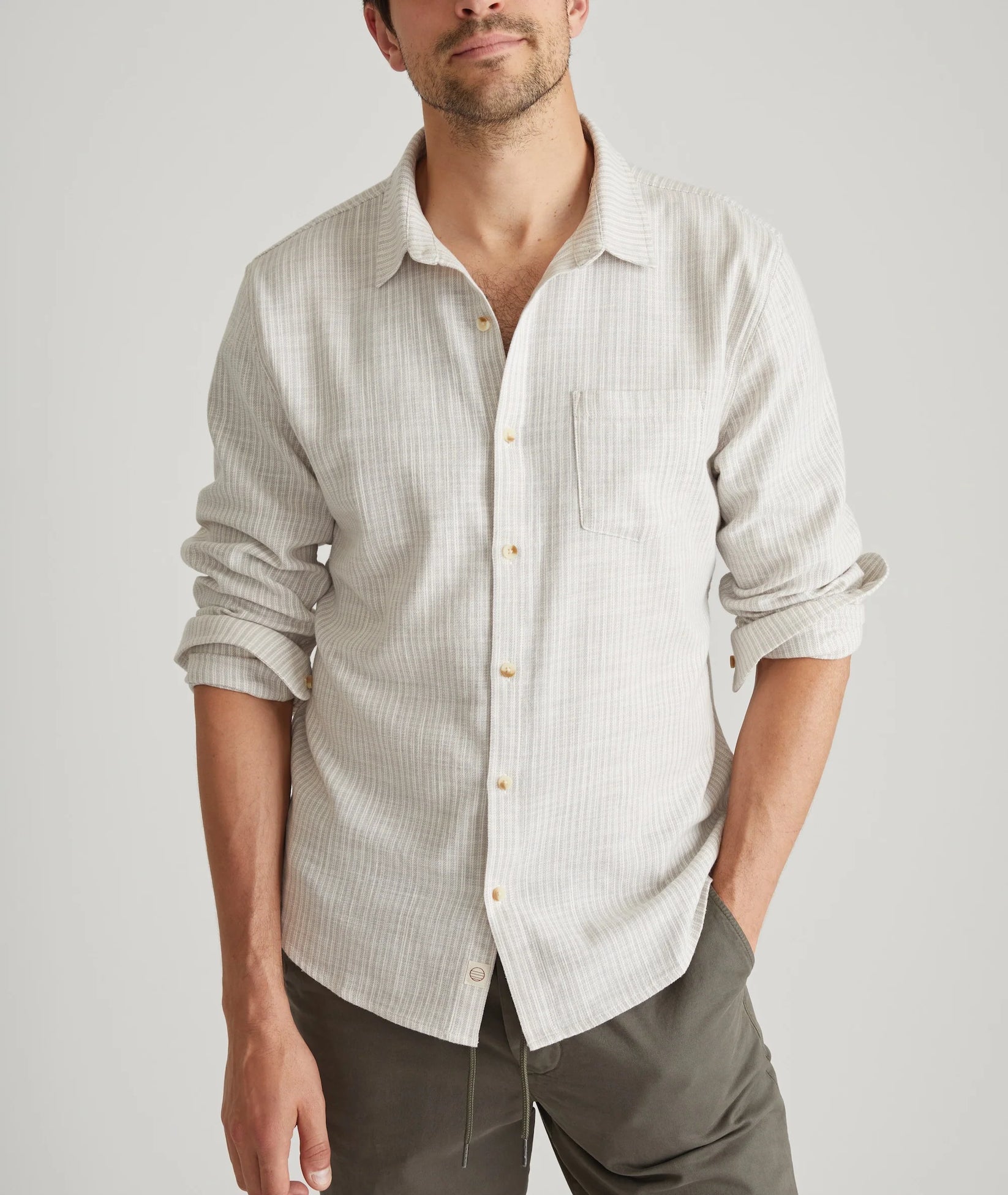 MARINE LAYER CLASSIC STRETCH SELVAGE SHIRT IN GREY VERTICAL STRIPE in GREY VERTICAL STRIPE — view 2