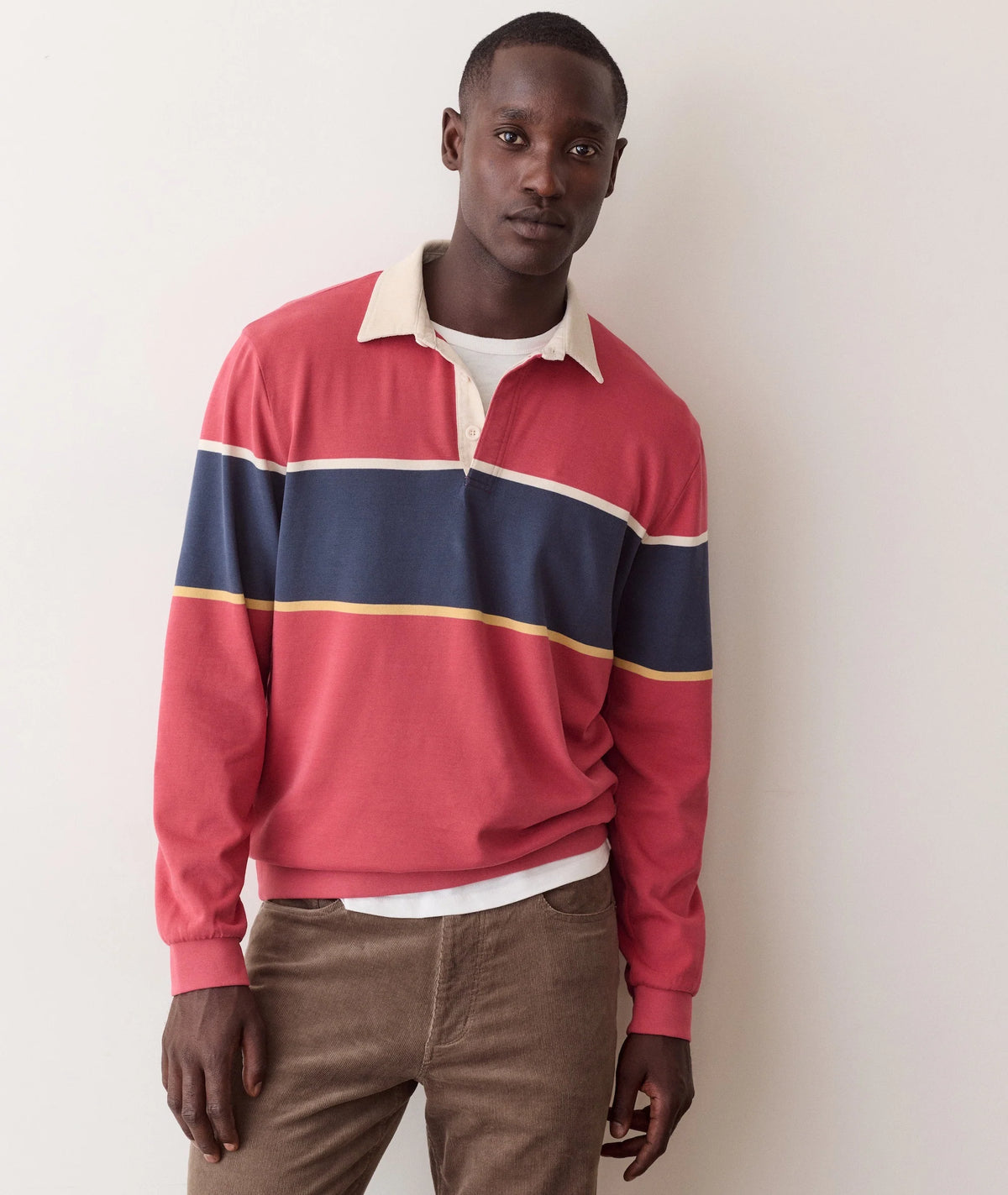 MARINE LAYER LUXE JERSEY RUGBY POLO IN GARNET ROSE