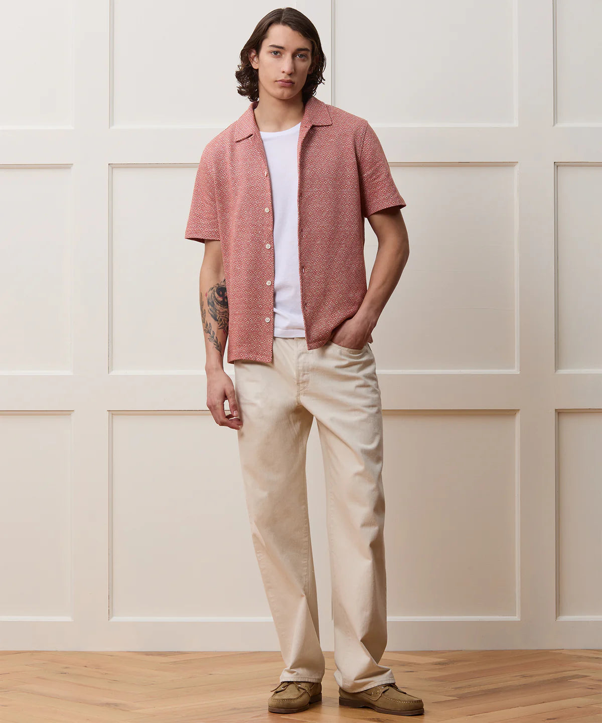 TODD SNYDER JACQUARD LINEN-COTTON POLO IN RUSTIC ORANGE in RUSTIC ORANGE — view 3