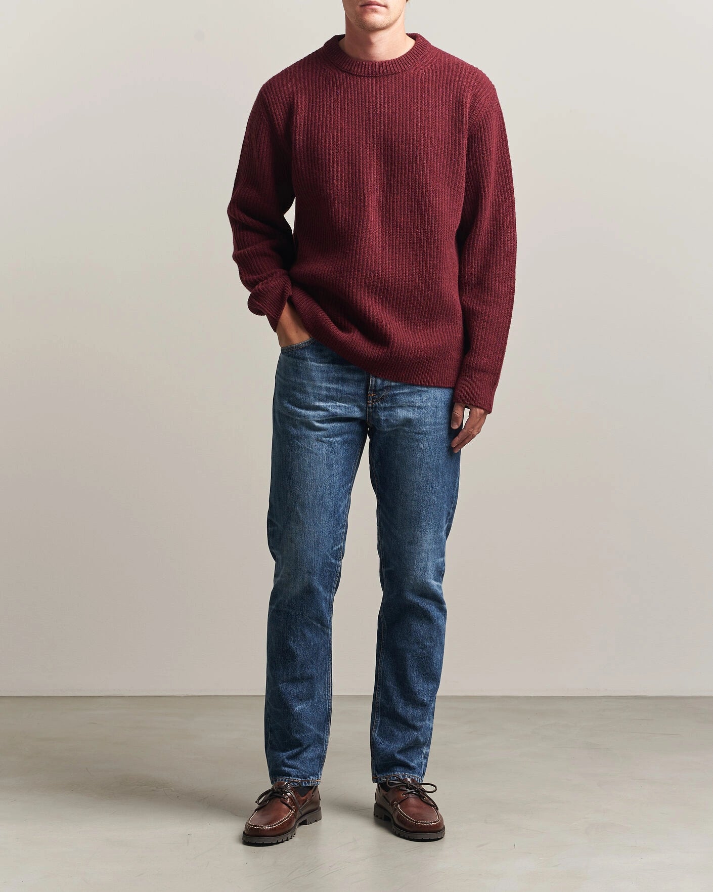 NUDIE JEANS AUGUST RIB WOOL SWEATER IN BURGUNDY in BURGUNDY — view 3