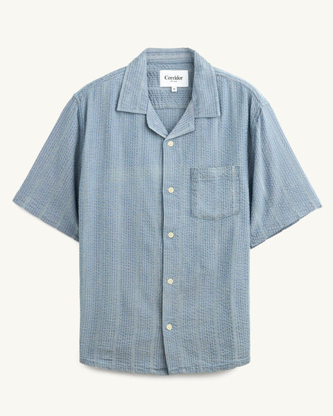 CORRIDOR STRIPED SEERSUCKER IN INDIGO