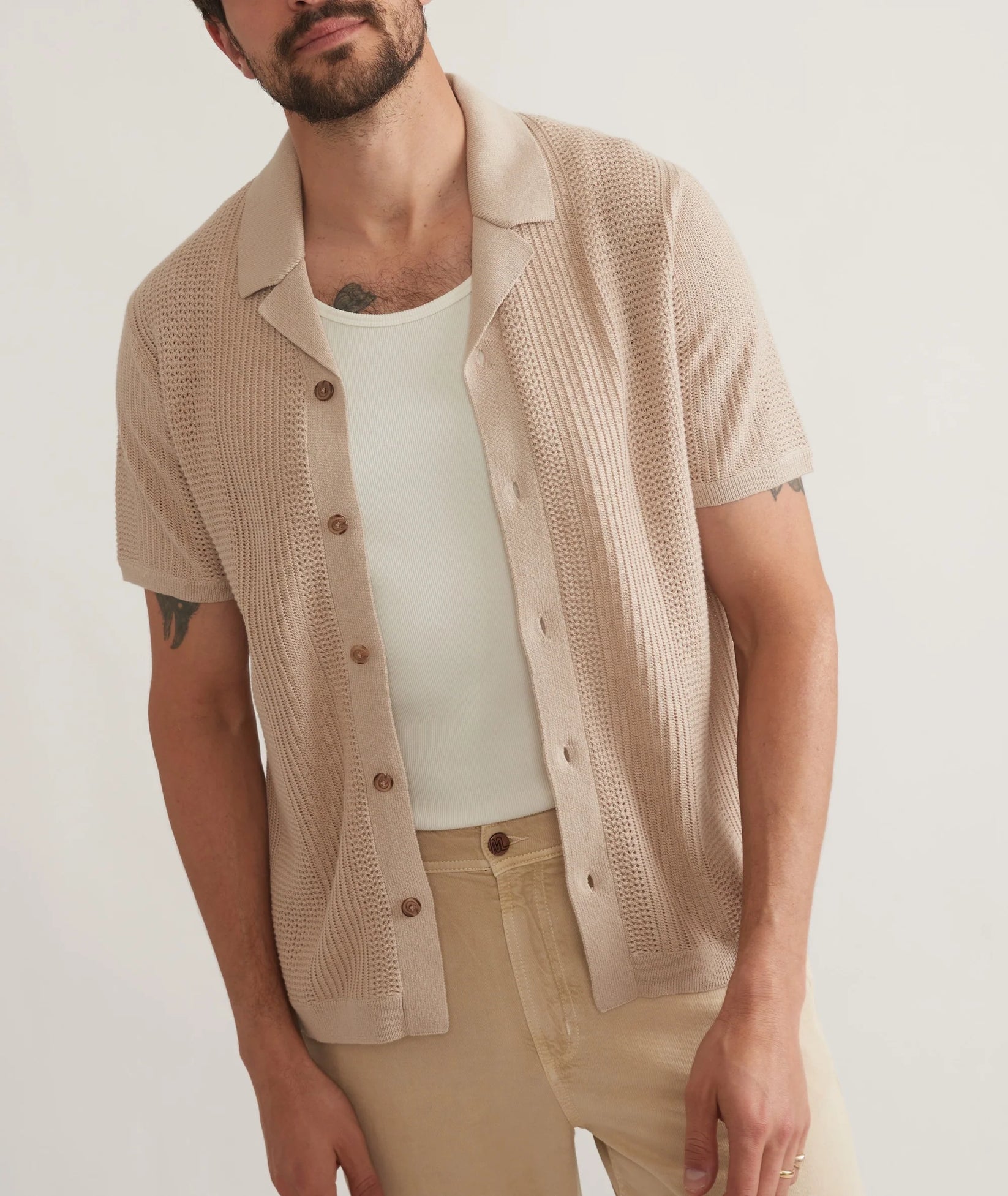 MARINE LAYER ASHER SWEATER RESORT SHIRT IN SAND in SAND — view 2