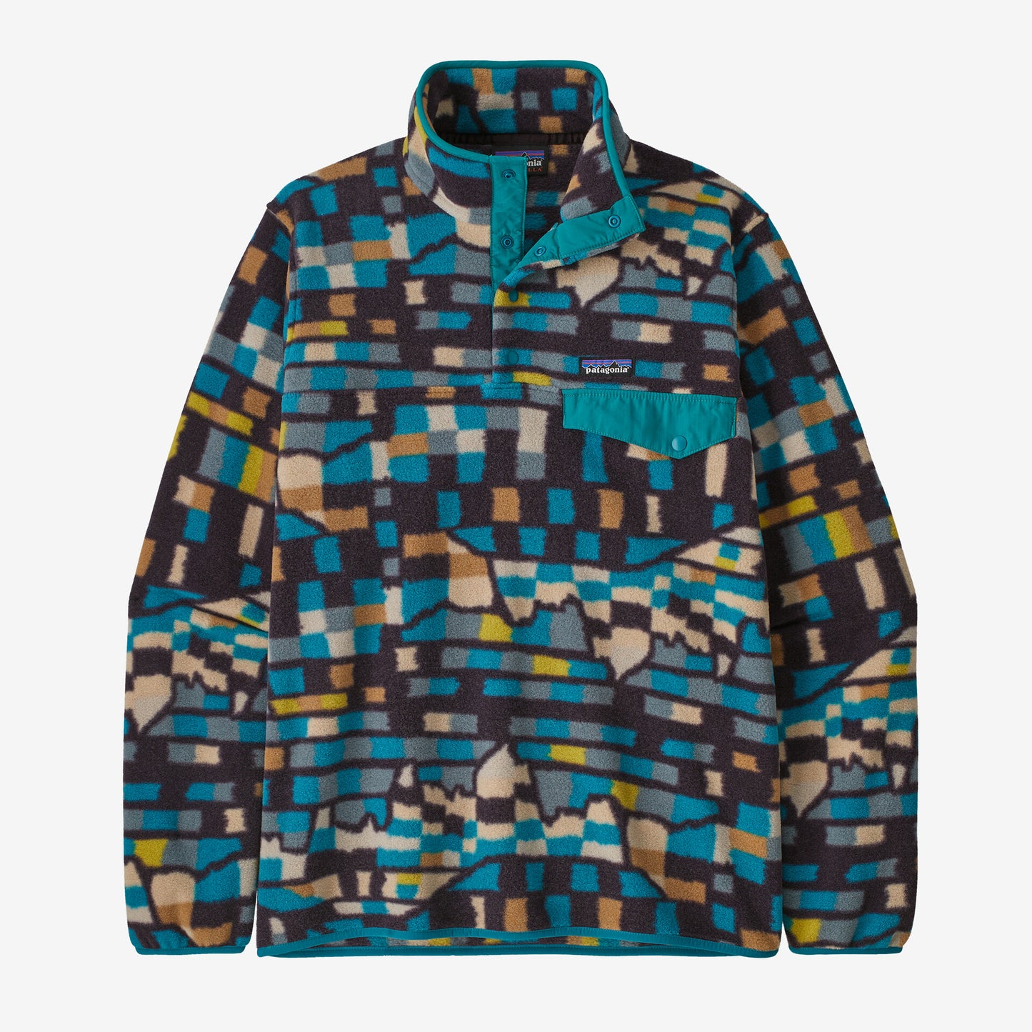 PATAGONIA LIGHTWEIGHT SYNCHILLA SNAP PULLOVER IN FITZ ROY PATCHWORK: BELAY BLUE