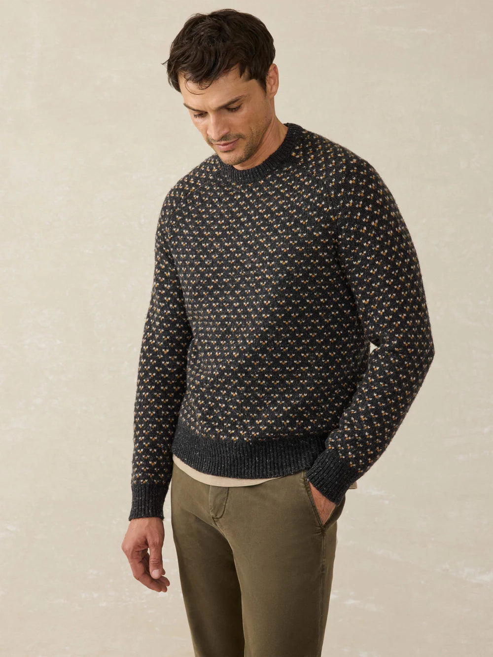 FAHERTY DONEGAL CREW SWEATER IN CHARCOAL BIRDSEYE MARL