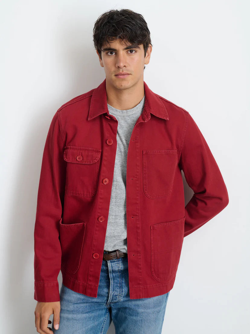 ALEX MILL GARMENT DYED WORK JACKET IN RECYCLED DENIM DARK CRIMSON