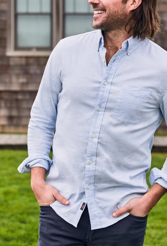 FAHERTY STRETCH OXFORD SHIRT IN BLUE HEATHER