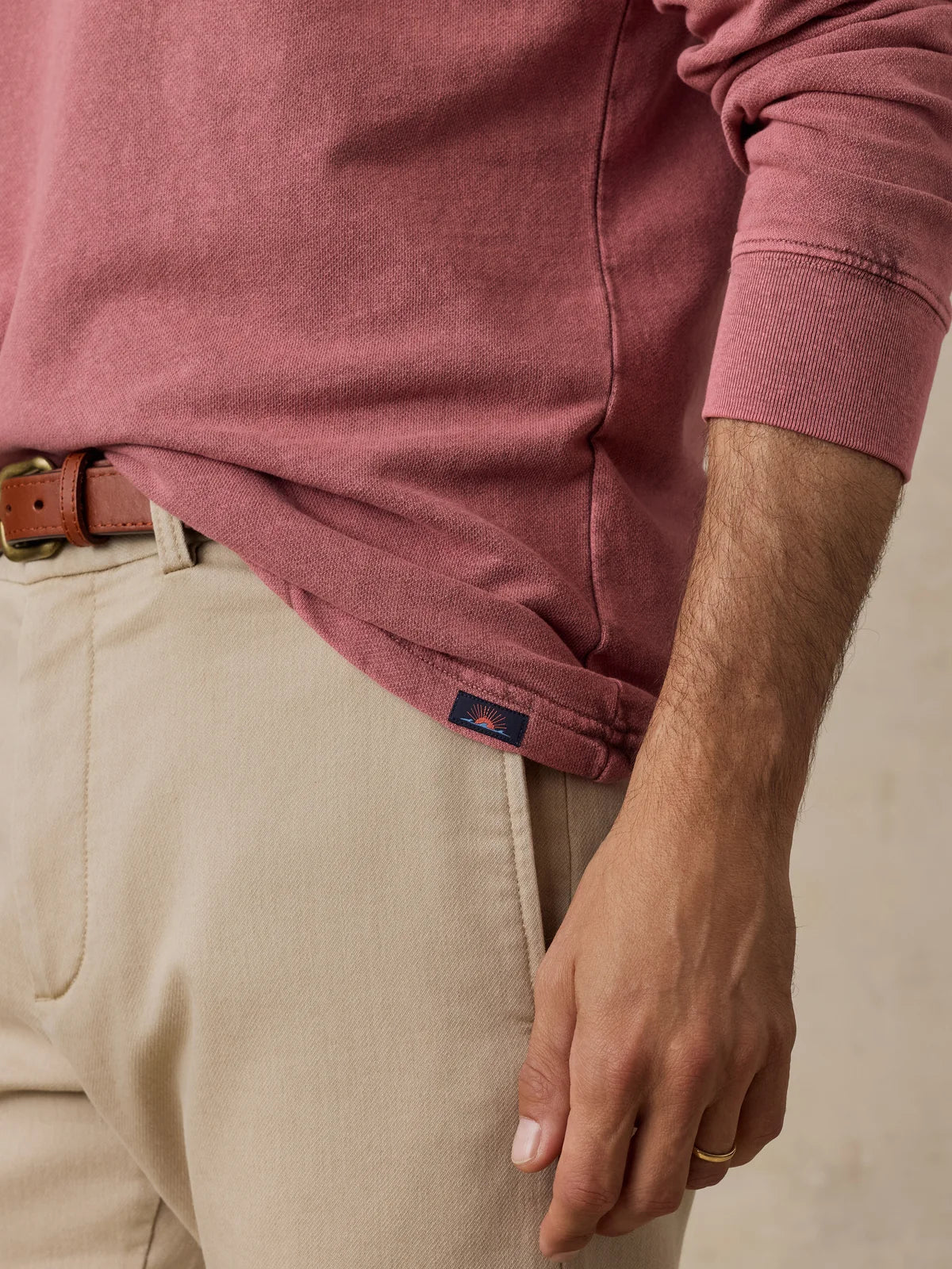 FAHERTY LONG-SLEEVE RECYCLED TERRY TEE IN SUNSET RED