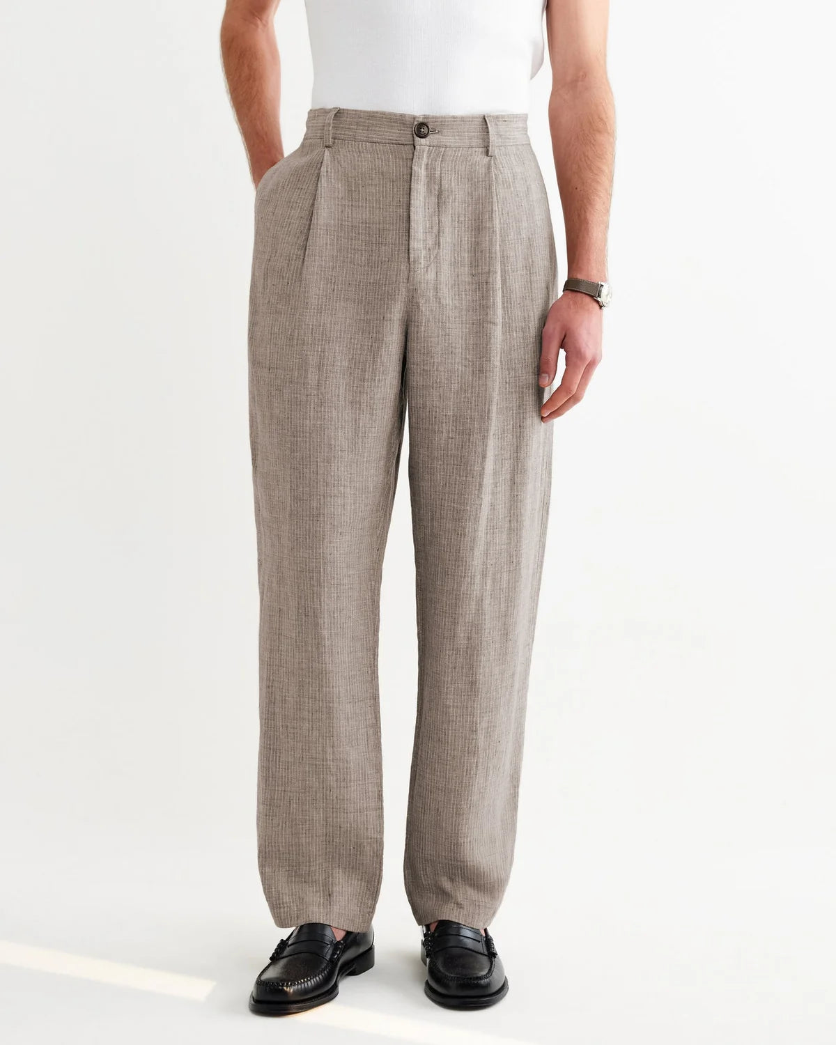 WAX LONDON MALHAM LINEN TROUSERS IN NATURAL AND BROWN STRIPE