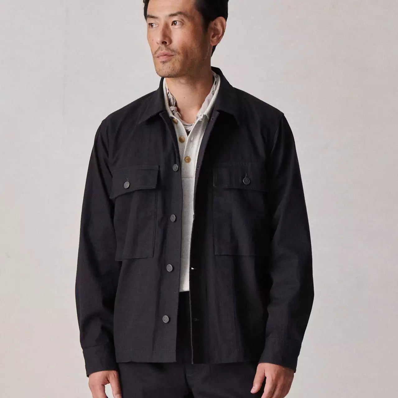 BUCK MASON HERRINGBONE TWILL FATIGUE SHIRT IN SOFT BLACK VENICE WASH