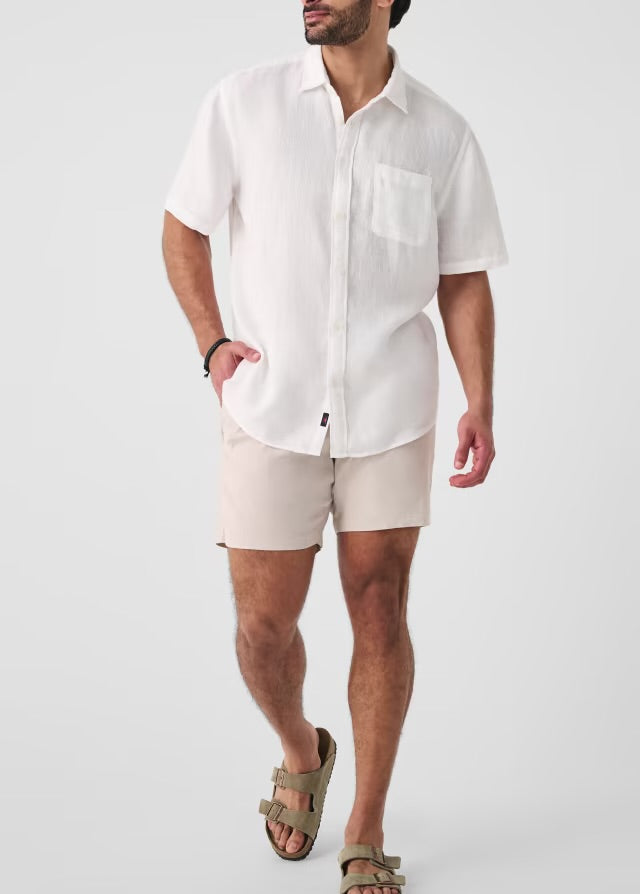 FAHERTY SHORT-SLEEVE LINEN LAGUNA SHIRT IN BRIGHT WHITE BASKETWEAVE