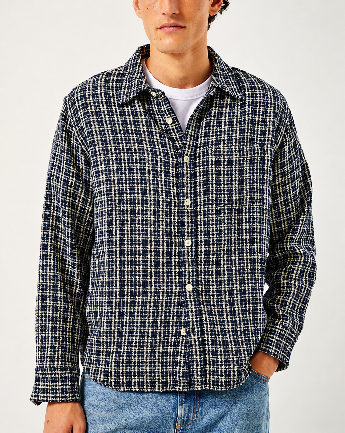 CORRIDOR REVERSE TWEED SNOW CHECK SHIRT IN BLUE