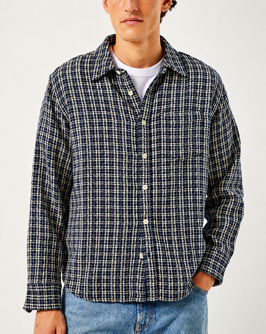 CORRIDOR REVERSE TWEED SNOW CHECK SHIRT IN BLUE