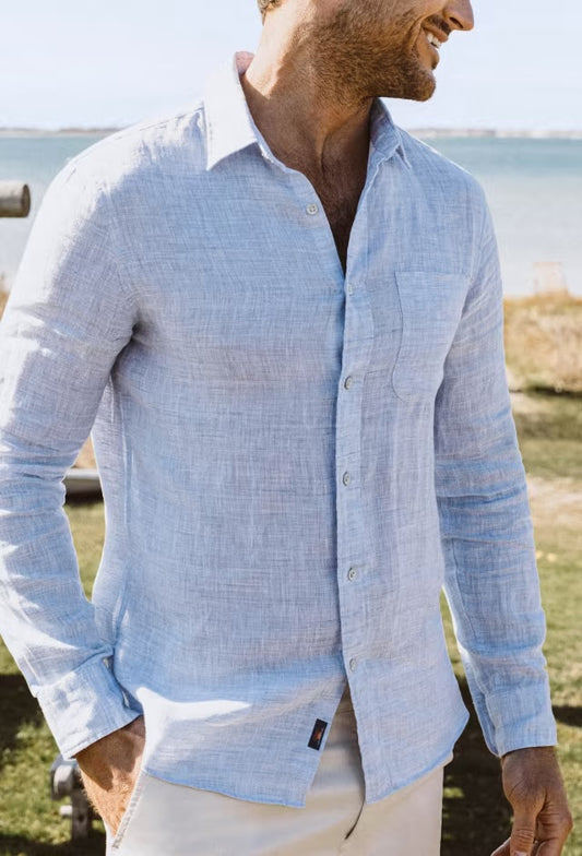 FAHERTY LINEN LAGUNA SHIRT IN LIGHT BLUE MELANGE