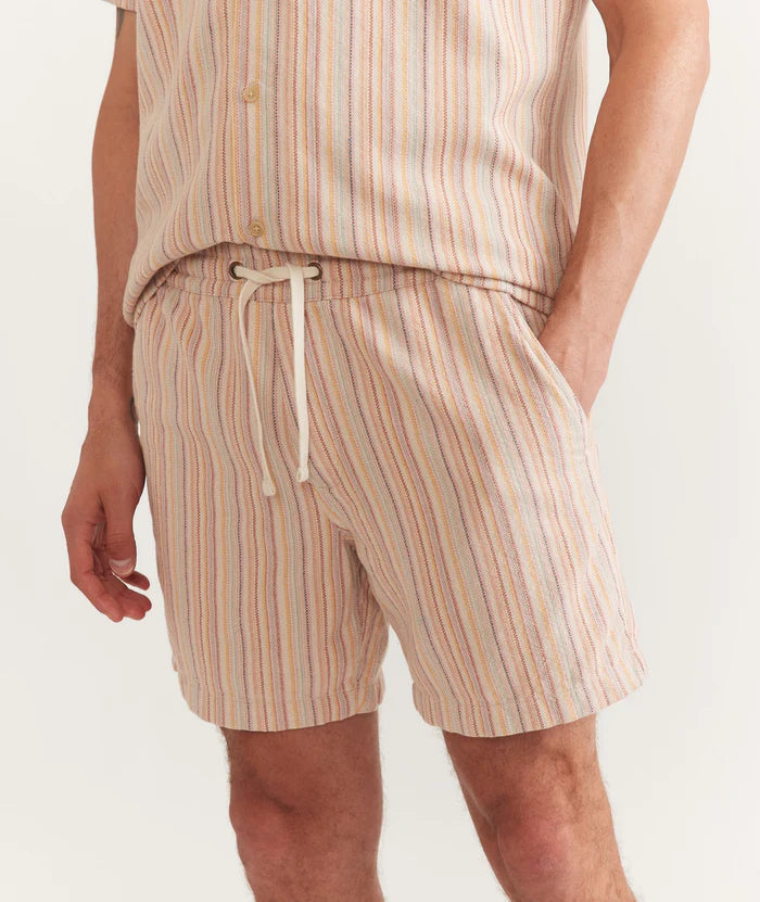 MARINE LAYER 6" SATURDAY TEXTURED BEACH SHORT IN WARM MULTI STRIPE