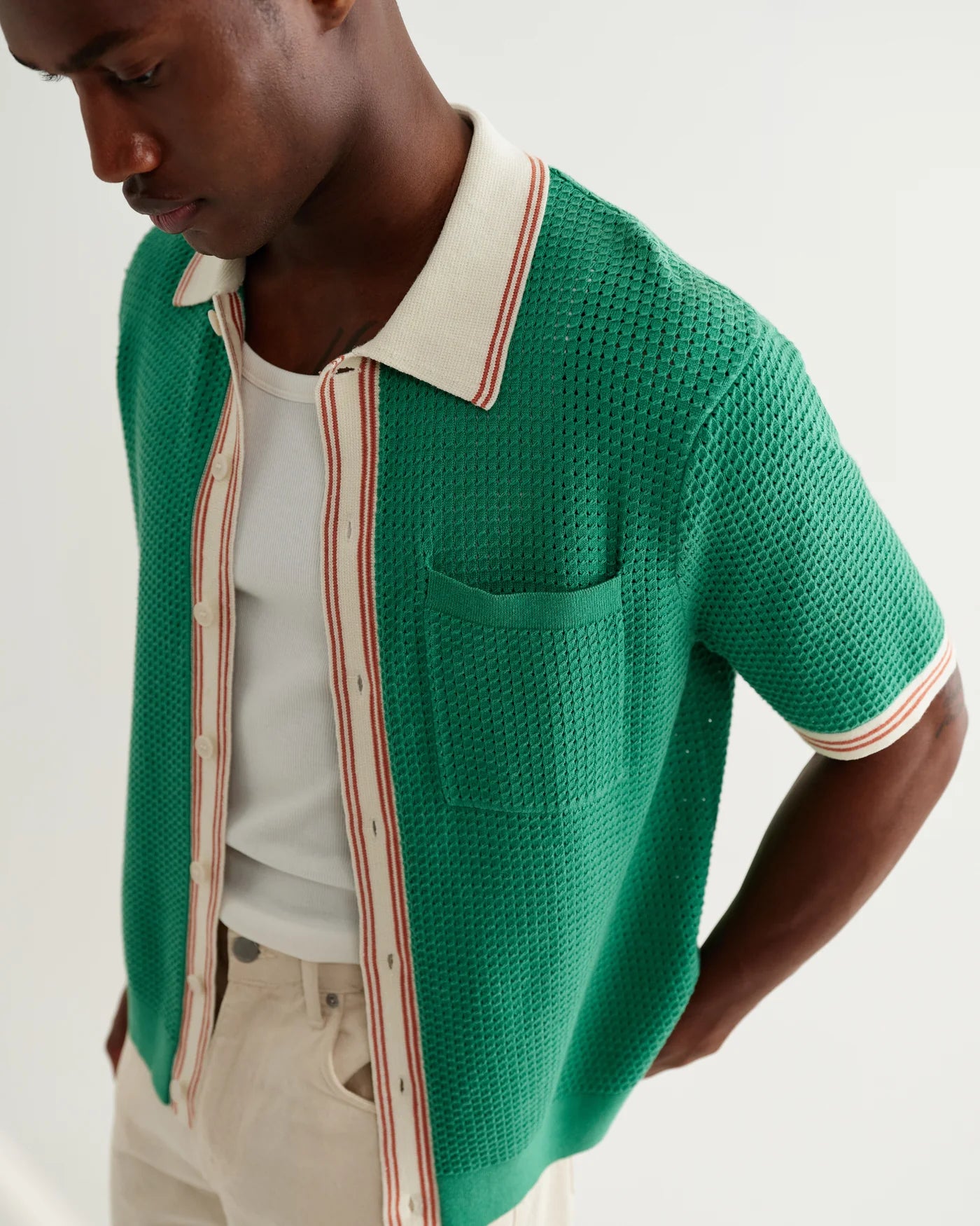 WAX LONDON BELLE SS IN TIPPED POINTELLE GREEN AND ECRU in TIPPED POINTELLE GREEN AND ECRU — view 3