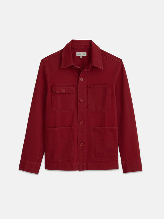 ALEX MILL GARMENT DYED WORK JACKET IN RECYCLED DENIM DARK CRIMSON