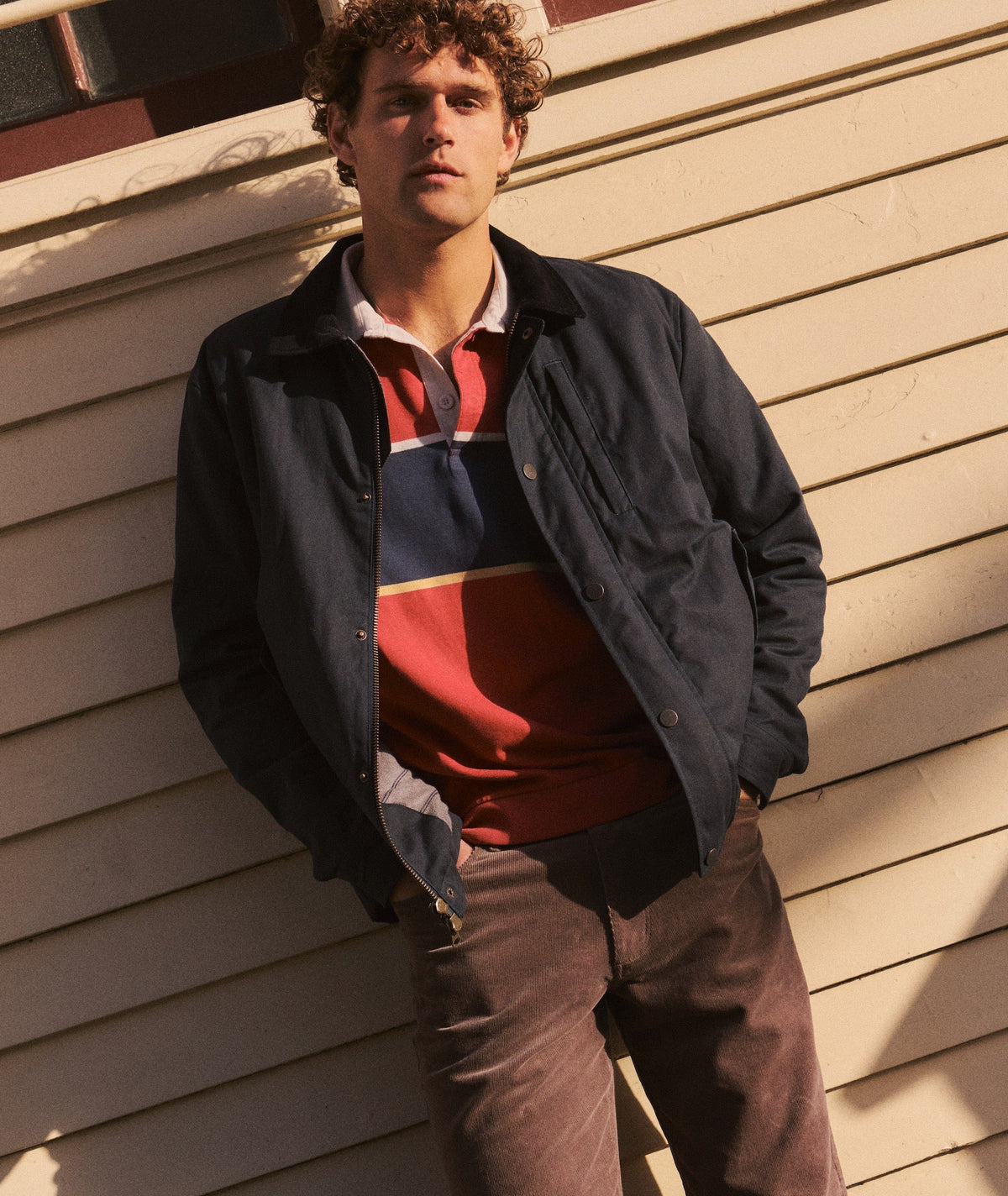 MARINE LAYER LUXE JERSEY RUGBY POLO IN GARNET ROSE